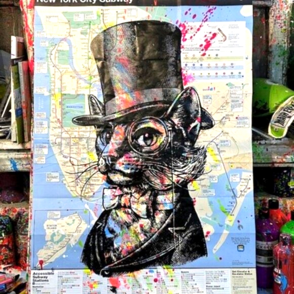 Handpainted Aristocat in the City Acrylic CAT Artwork on a NYC Subway Map - Picture 6 of 6